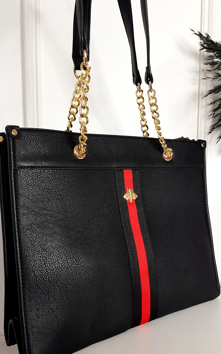 Leanne Faux Leather Chain Shoulder Bag with Stripe Detail Thumbnail Leanne Faux Leather Chain Shoulder Bag with Stripe Detail Thumbnail