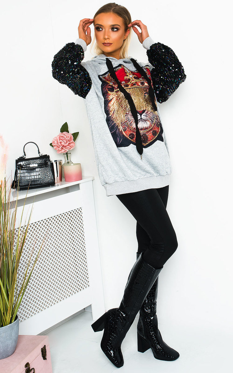 Leo Sequin Embellished Oversized Hooded Jumper