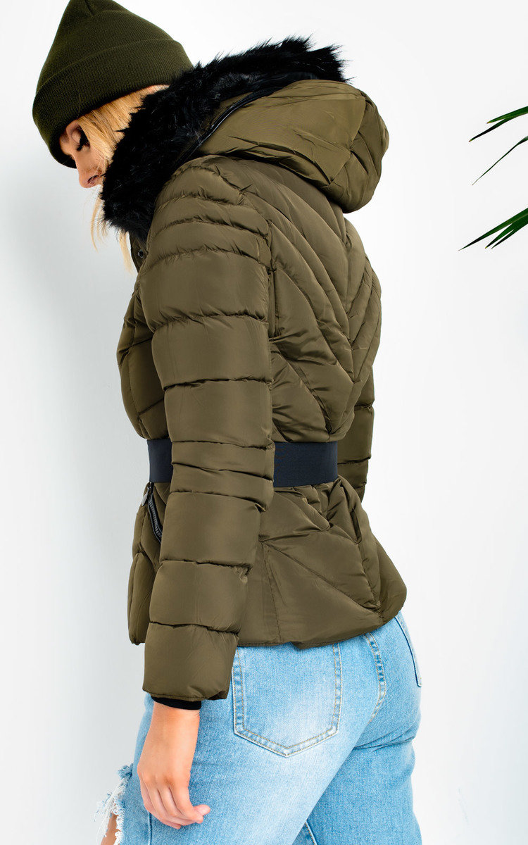 Lina Padded Faux Fur Hood Belted Jacket Thumbnail