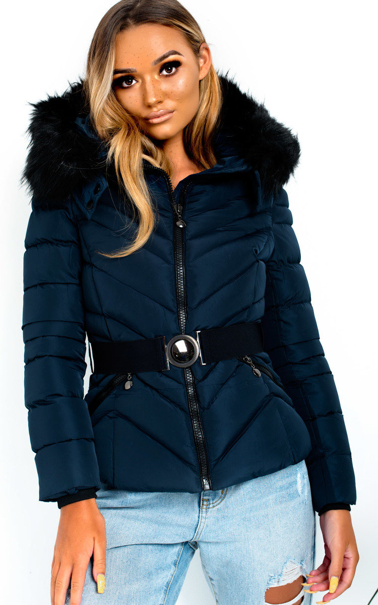 Lina Padded Faux Fur Hood Belted Jacket Thumbnail