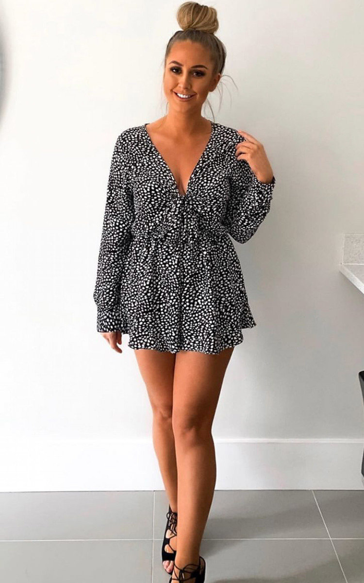 Lindsay Plunge Tie Front Frill Playsuit Thumbnail Lindsay Plunge Tie Front Frill Playsuit Thumbnail