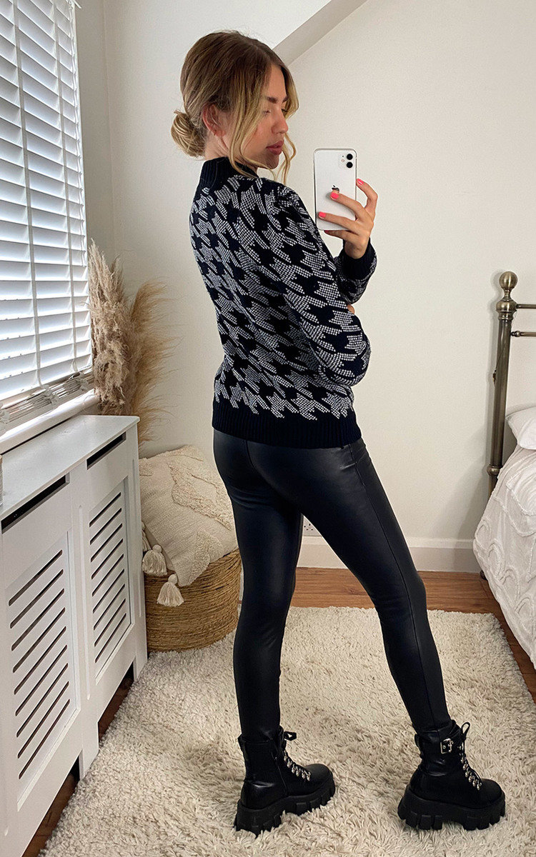 Lisa High Neck Shoulder Pad Jumper with Dogtooth Print Thumbnail Lisa High Neck Shoulder Pad Jumper with Dogtooth Print Thumbnail