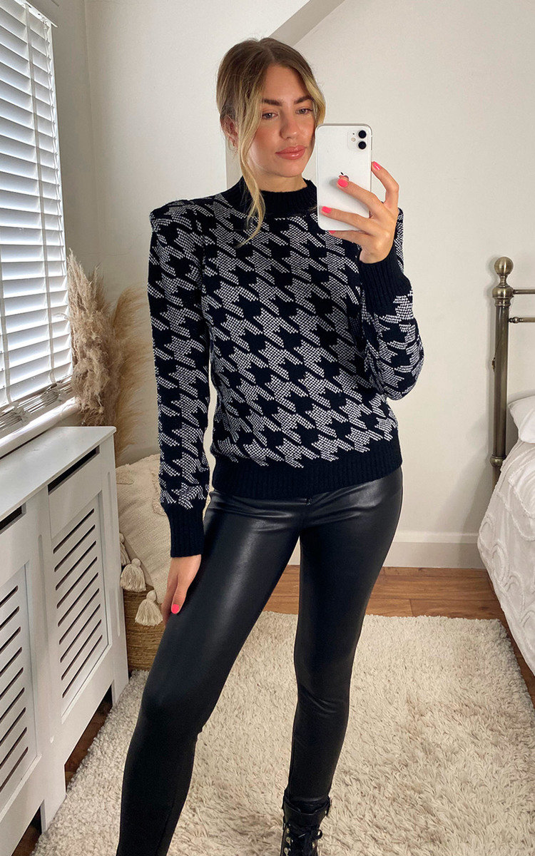Lisa High Neck Shoulder Pad Jumper with Dogtooth Print Thumbnail Lisa High Neck Shoulder Pad Jumper with Dogtooth Print Thumbnail