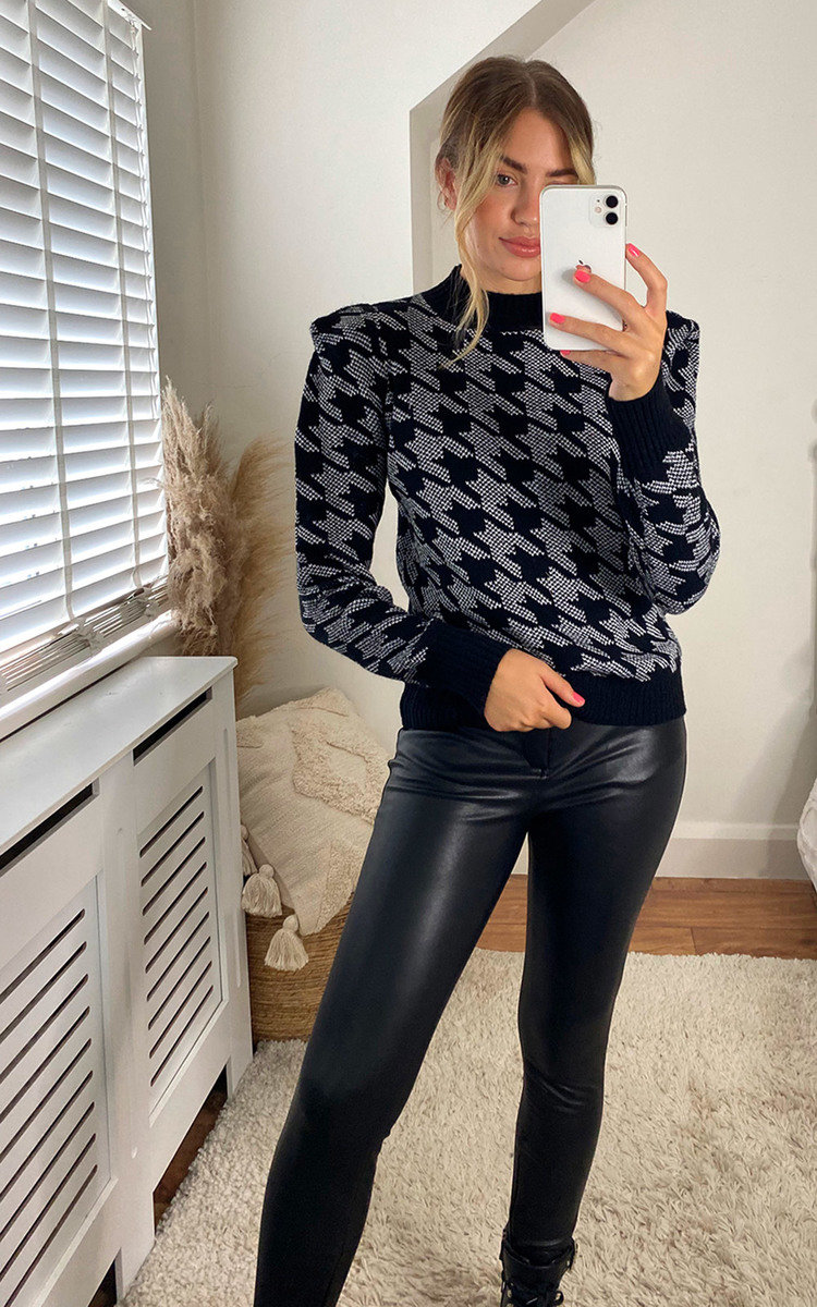 Lisa High Neck Shoulder Pad Jumper with Dogtooth Print Lisa High Neck Shoulder Pad Jumper with Dogtooth Print