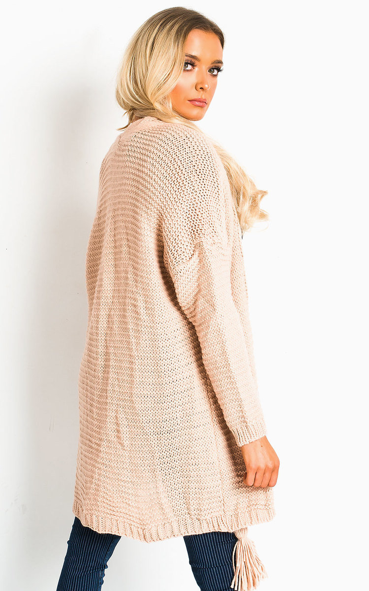 Lottie Longline Tassel Knitted Cardigan in Pink | ikrush