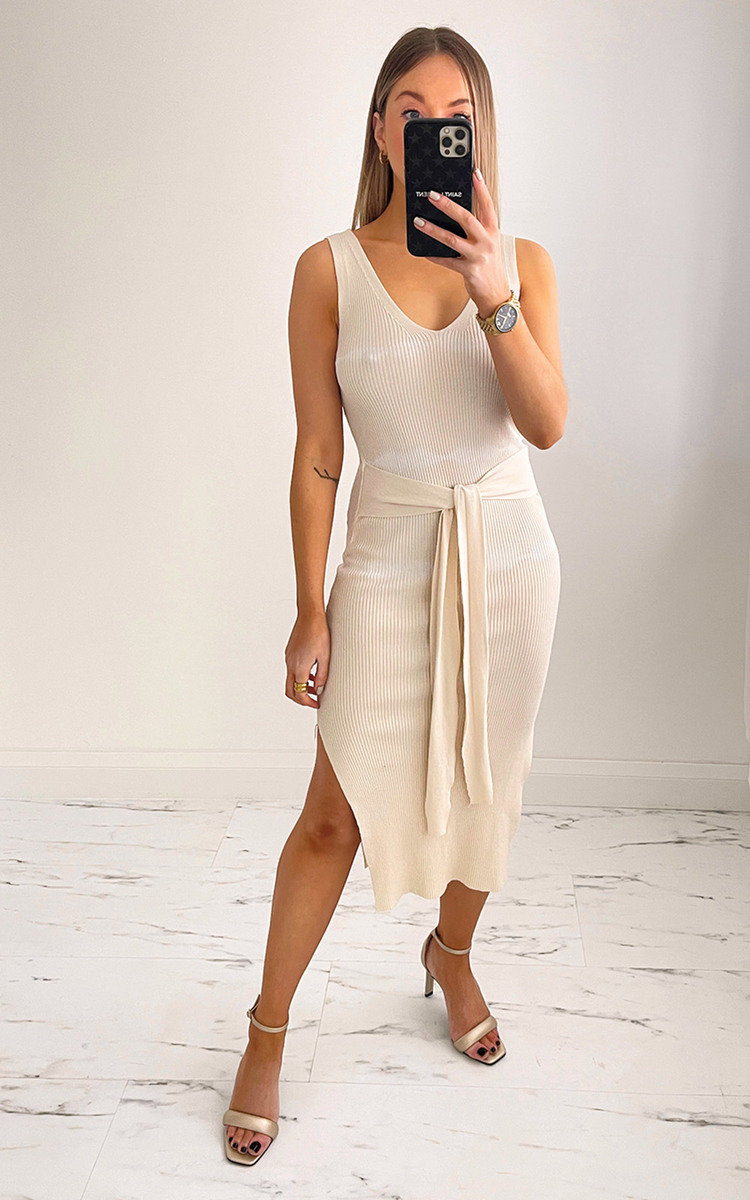 Louise Sleeveless Ribbed Dress with Tie Front Thumbnail Louise Sleeveless Ribbed Dress with Tie Front Thumbnail