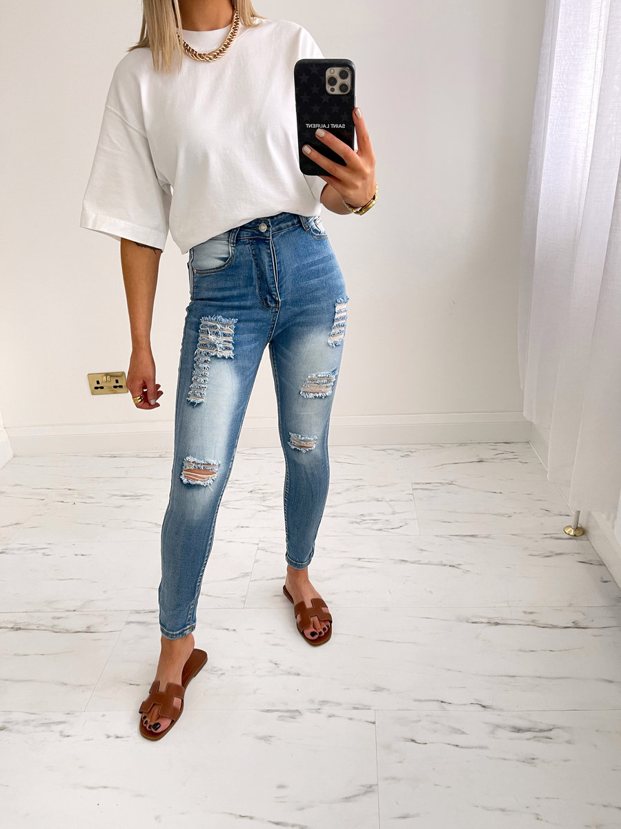 Lyla High Waisted Skinny Jeans with Ripped Detail Thumbnail