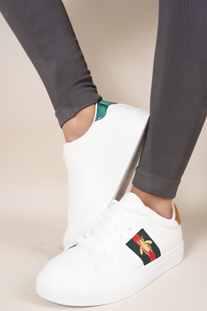 White Lyla Striped Bee Design Trainers ikrush