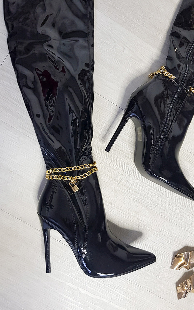 Mackenzie Knee High Pointed Boots with Chain Detail Thumbnail Mackenzie Knee High Pointed Boots with Chain Detail Thumbnail