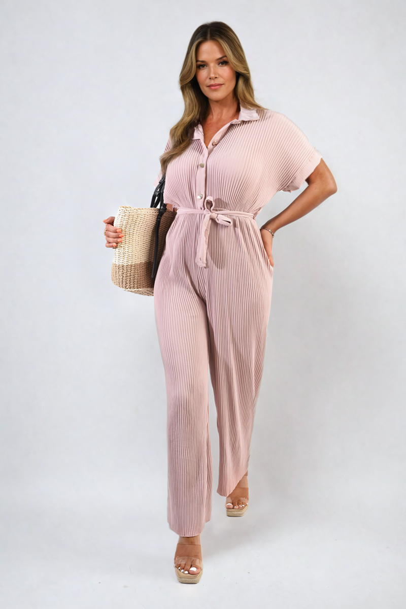 Marina Tie Waist Short Sleeve Pleated Jumpsuit