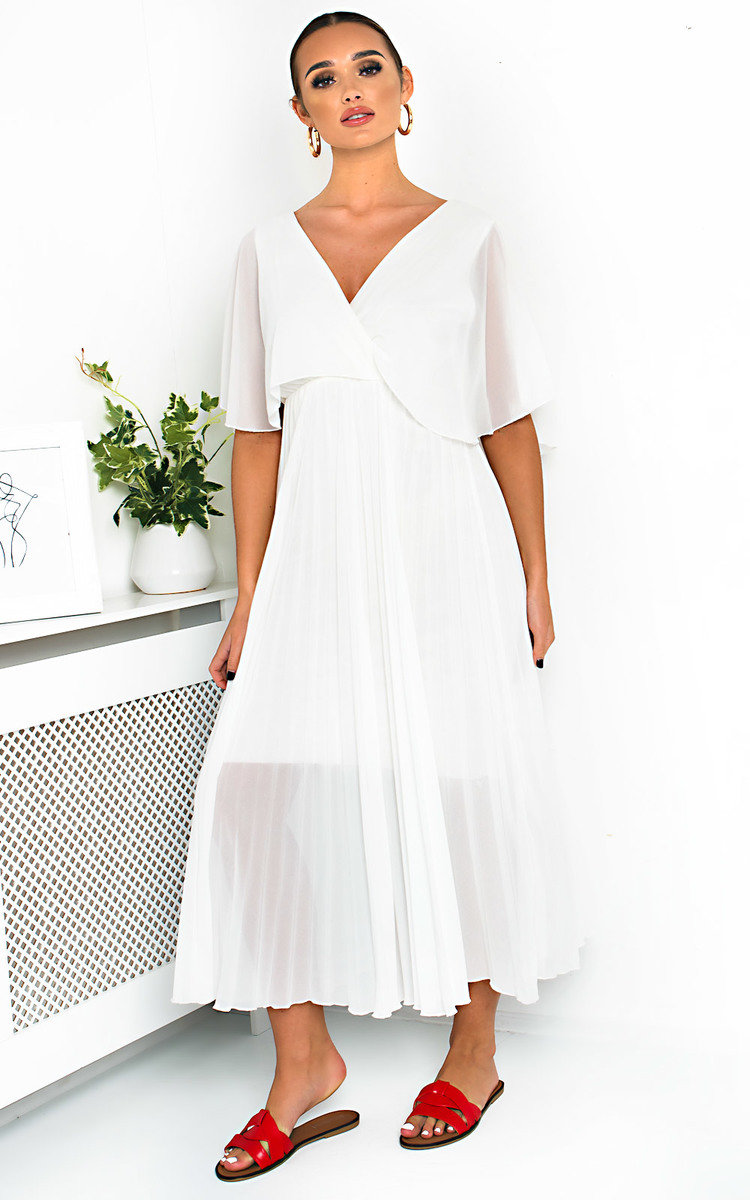 Michaela Pleated Maxi Dress in White | ikrush