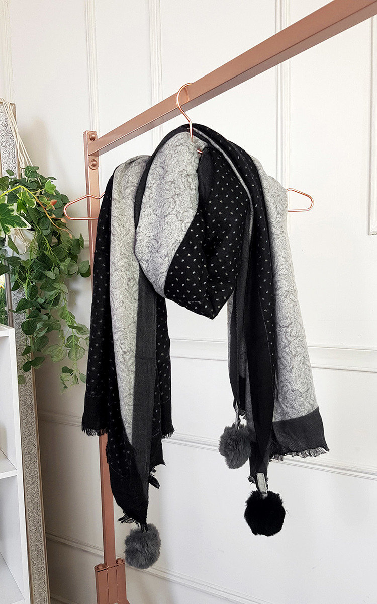 Millie Printed Scarf with Pom Pom Detail