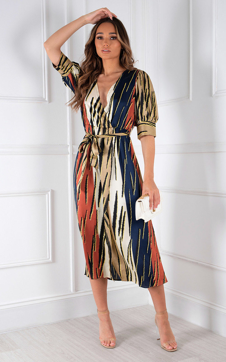 Misona Tie Waist Wrap Printed Midi Dress  Thumbnail