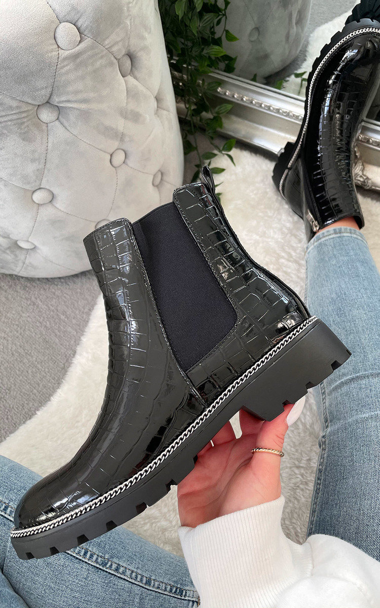 Moesha Croc Print Patent Ankle Boots Thumbnail Moesha Croc Print Patent Ankle Boots Thumbnail