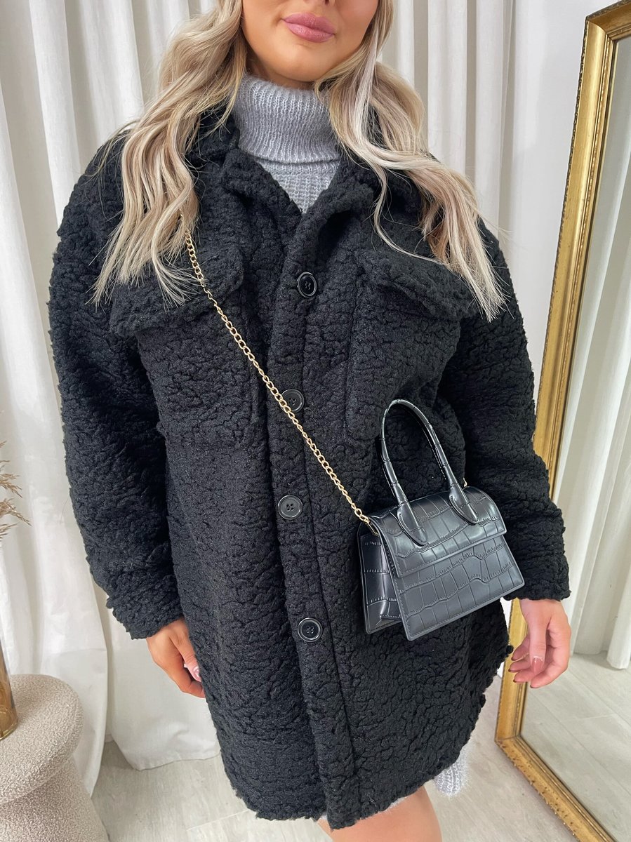 Black Monica Button Down Collared Winter Coat Jacket ikrush