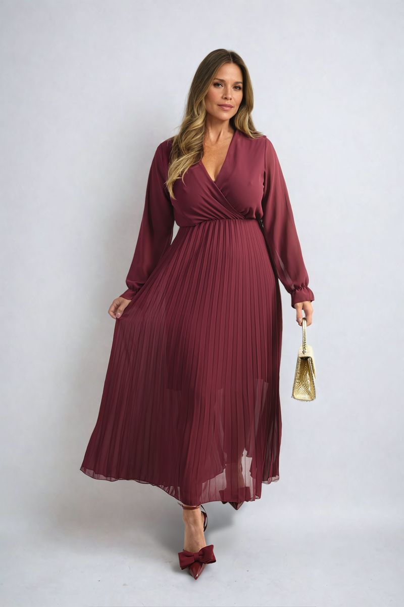 V Neck Wine Maxi Dresses Wine Myra Long Sleeve V-Neck Pleated Maxi