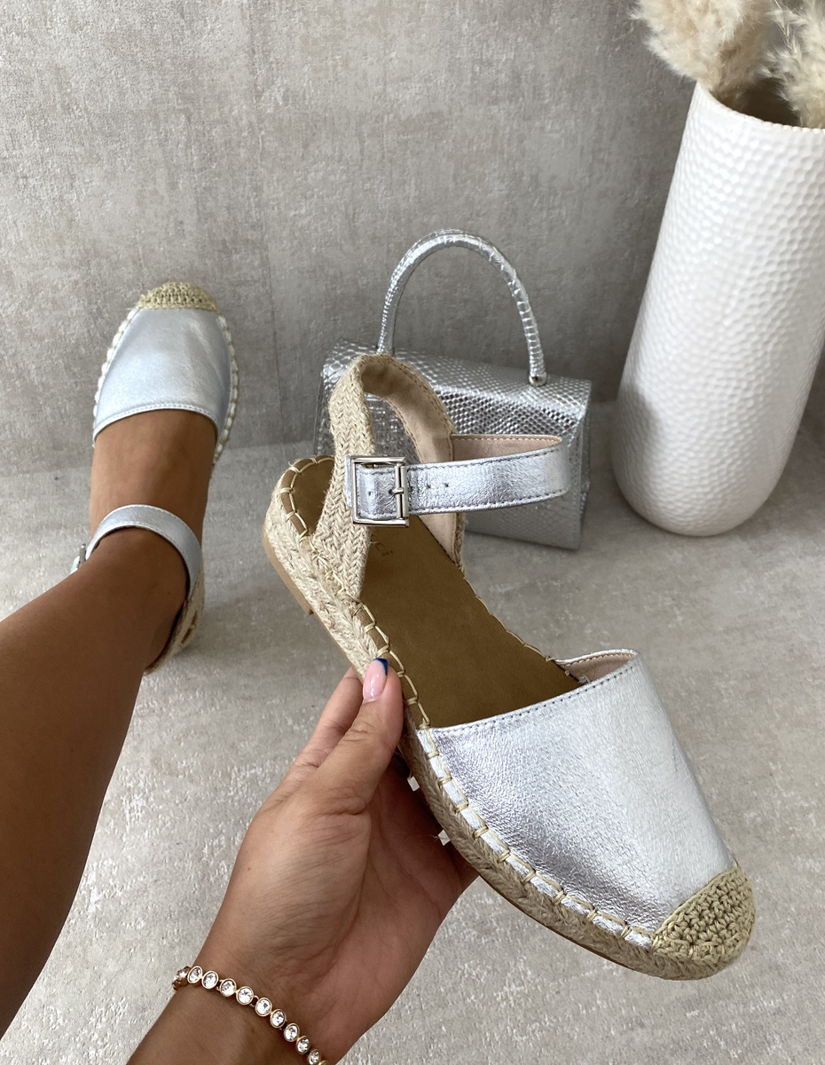 Silver Nadia Closed Toe Ankle Strap Espadrille Sandals ikrush