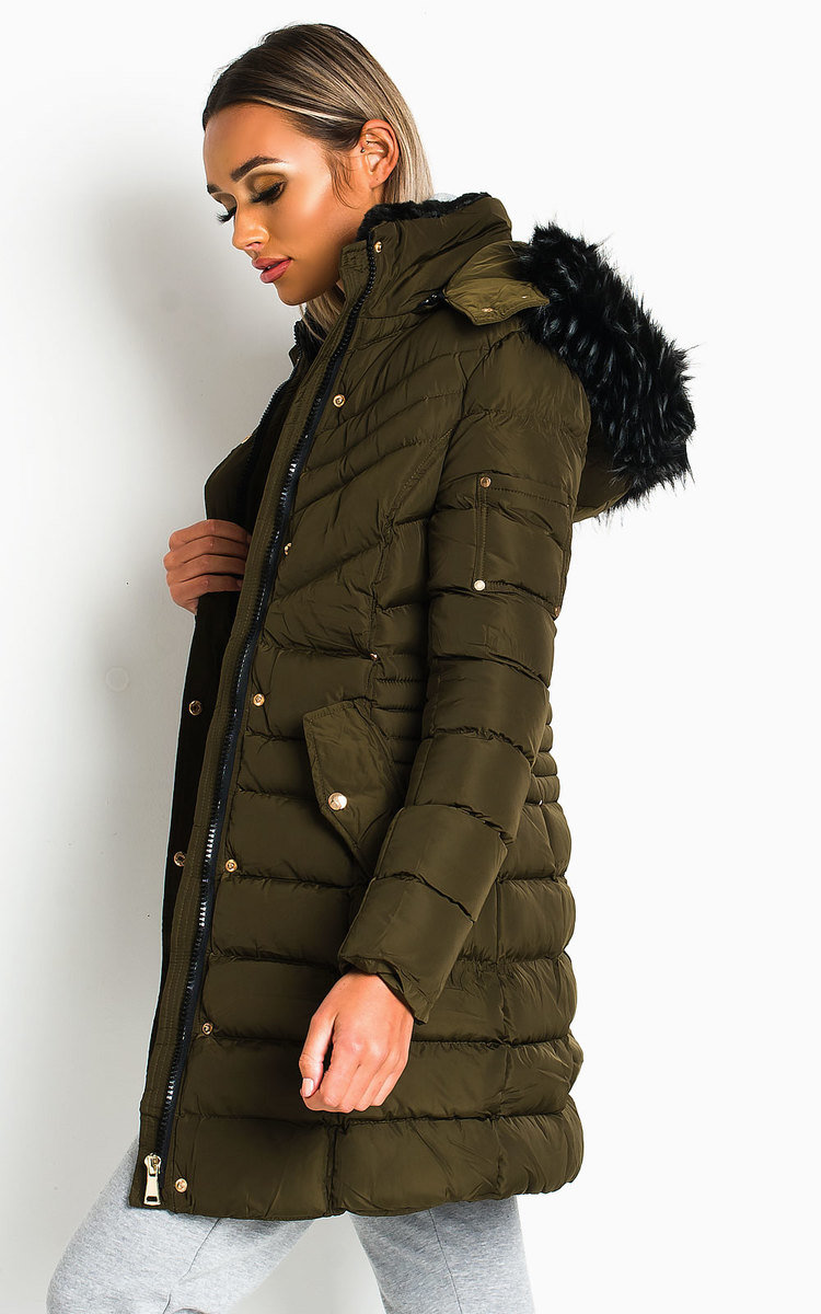 Nadia Padded Hooded Longline Puffer Jacket in Khaki ikrush