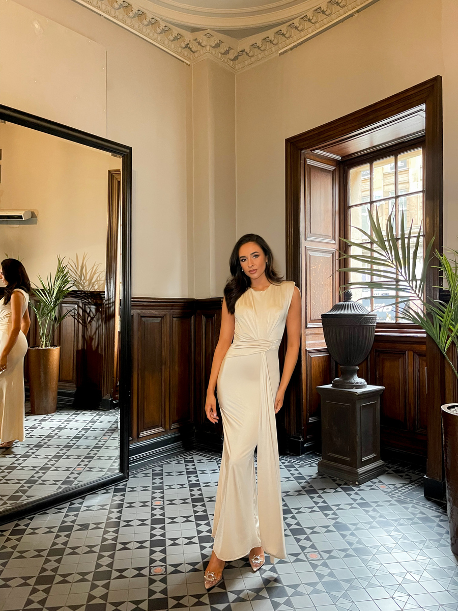 Champagne Nadia Sleeveless Gathered Maxi Dress with Drape | ikrush