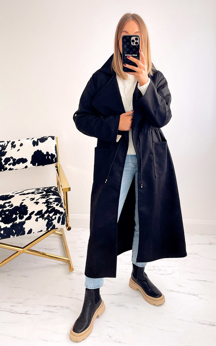 Natalia Longline Coat with Drawstring Waist Detail Natalia Longline Coat with Drawstring Waist Detail