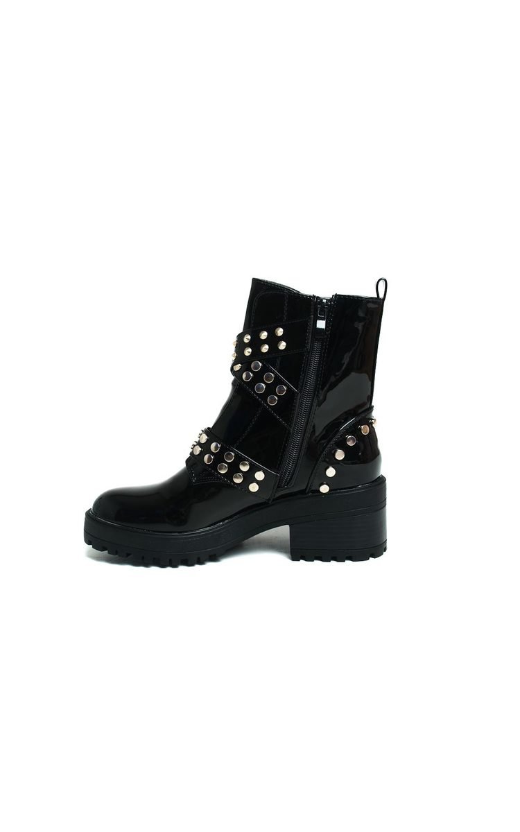 Nealy Buckle Studded Biker Boots in Black pat | ikrush