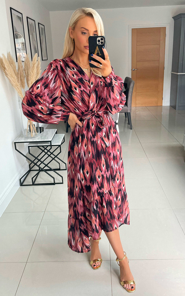 Nell Wrap Front Midi Dress with Ruffle Hem Detail Thumbnail Nell Wrap Front Midi Dress with Ruffle Hem Detail Thumbnail