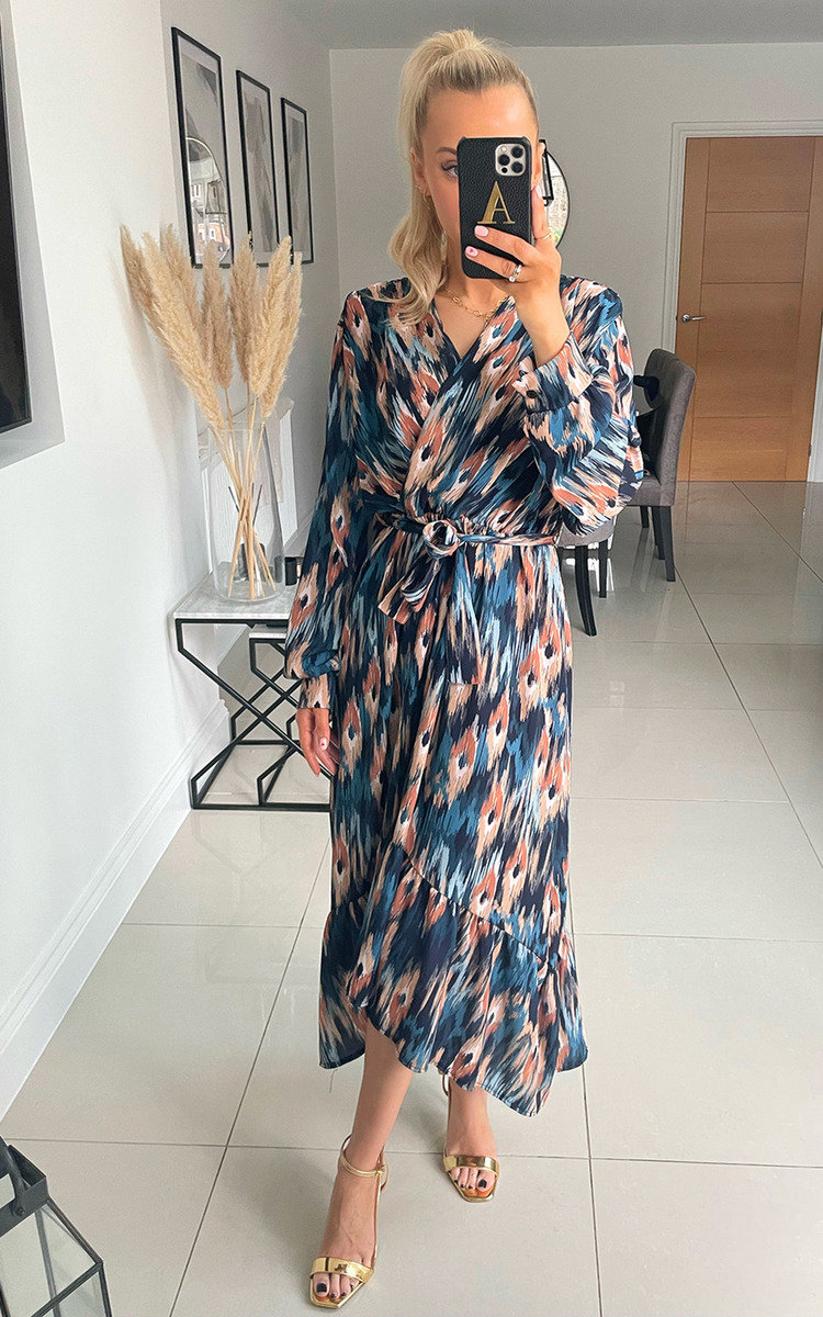 Nell Wrap Front Midi Dress with Ruffle Hem Detail Thumbnail Nell Wrap Front Midi Dress with Ruffle Hem Detail Thumbnail