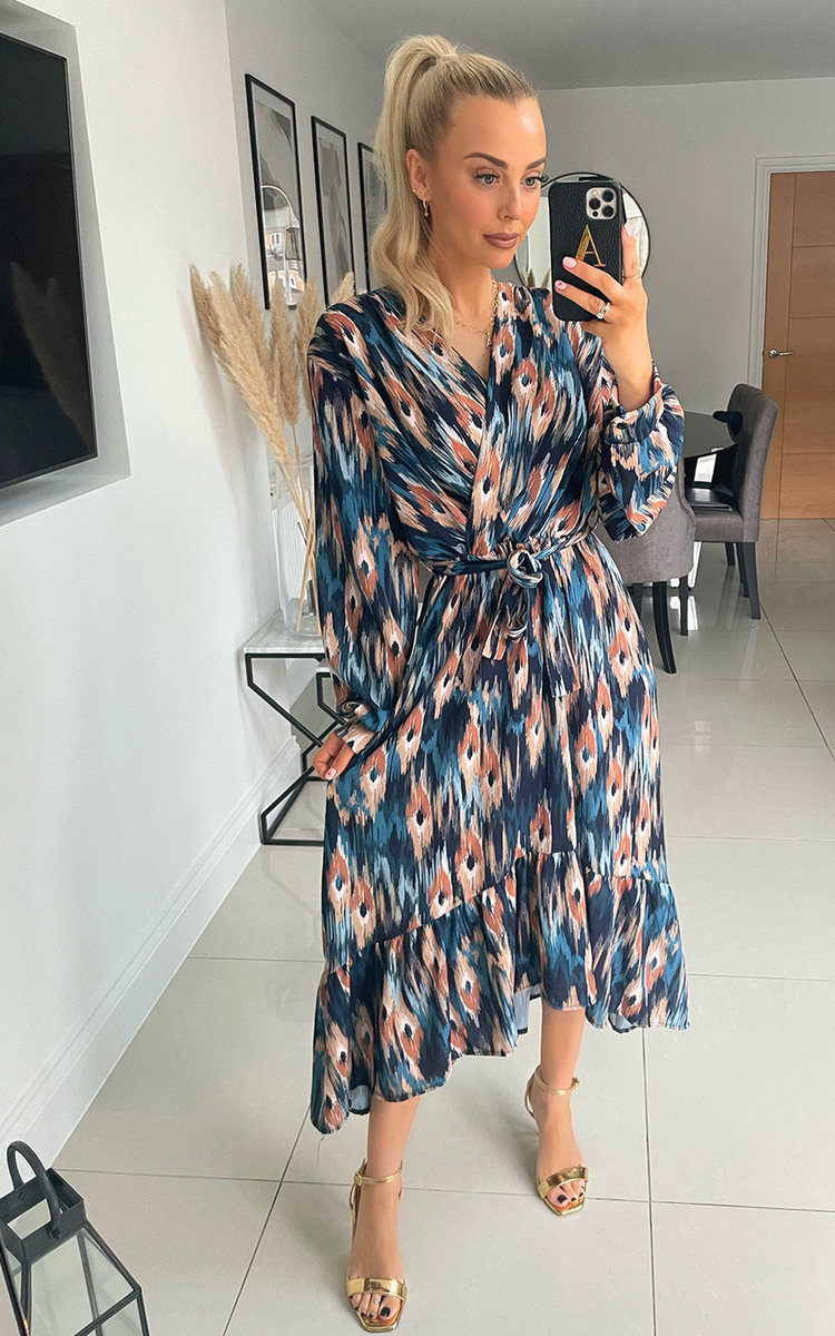 Nell Wrap Front Midi Dress with Ruffle Hem Detail Nell Wrap Front Midi Dress with Ruffle Hem Detail