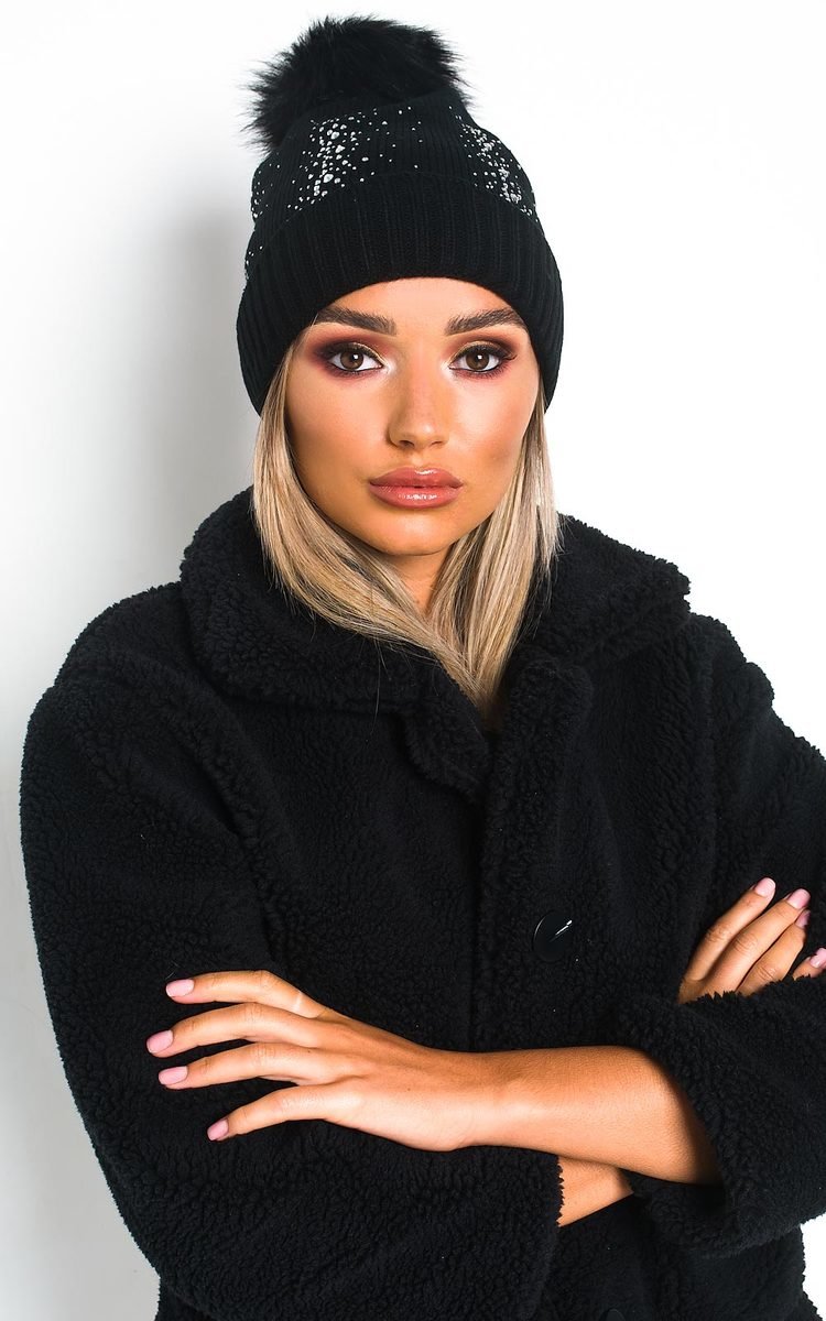 Nyla Diamante Embellished Pom Pom Hat Nyla Diamante Embellished Pom Pom Hat