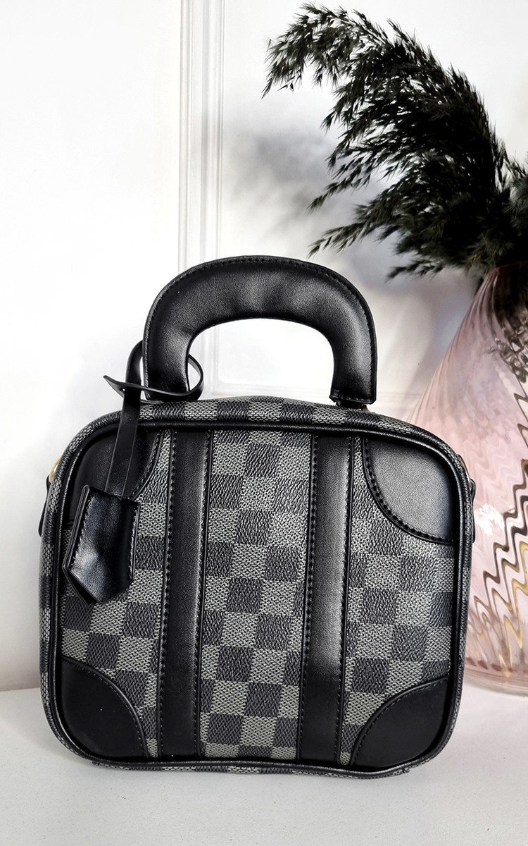 Olive Faux Leather Bowler Bag with Check Print Thumbnail