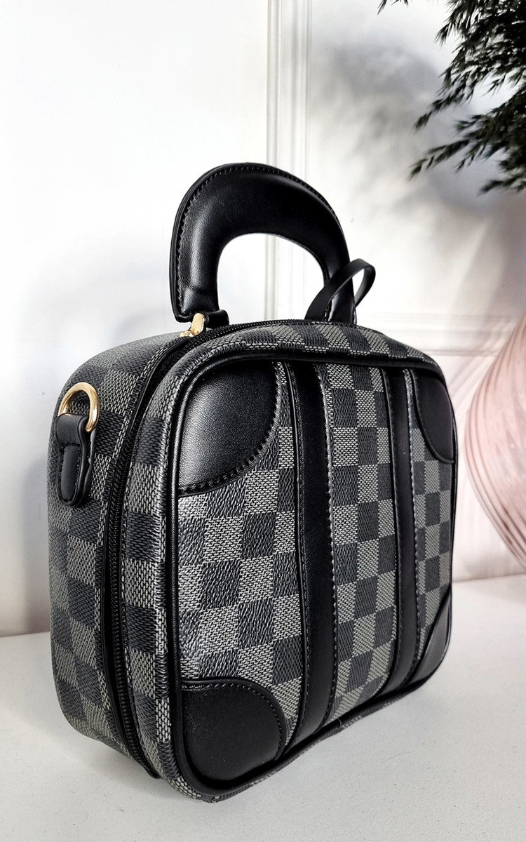 Olive Faux Leather Bowler Bag with Check Print Thumbnail