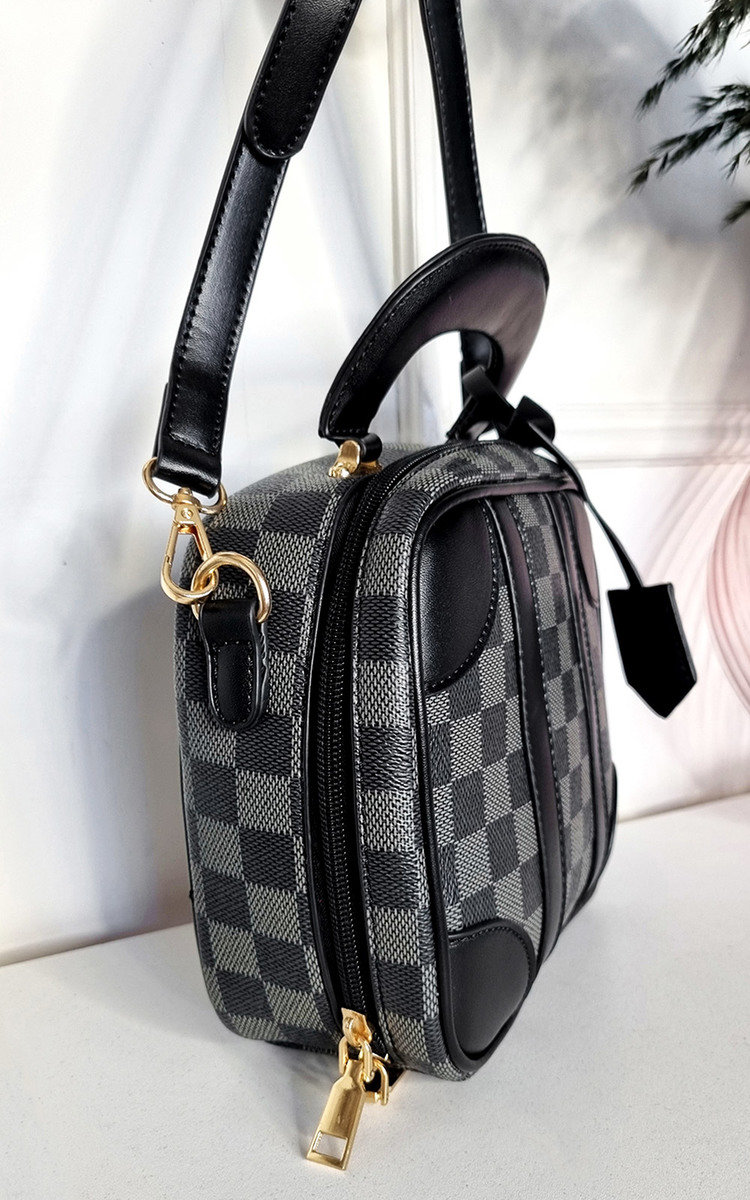 Olive Faux Leather Bowler Bag with Check Print Thumbnail