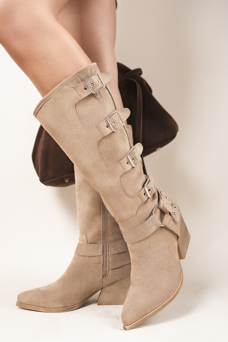Khaki/tan Ornella Block Heel Knee High Boots with Buckle Strap