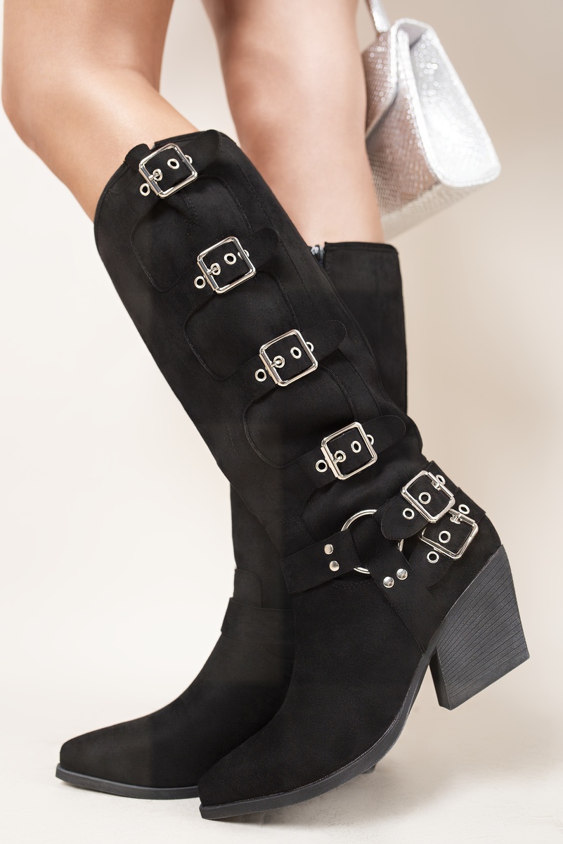 Black Ornella Block Heel Knee High Boots with Buckle Strap Detail