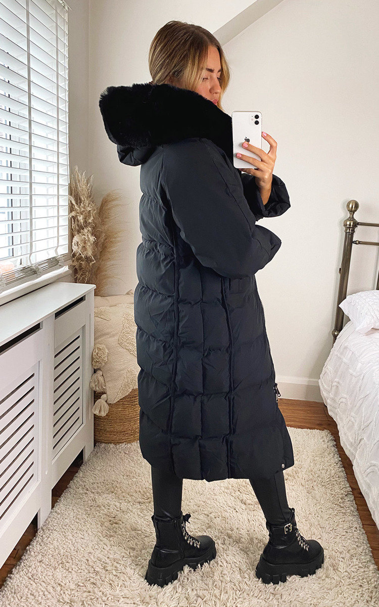 Perrie Longline Padded Puffer Faux Fur Jacket with Hood Thumbnail Perrie Longline Padded Puffer Faux Fur Jacket with Hood Thumbnail