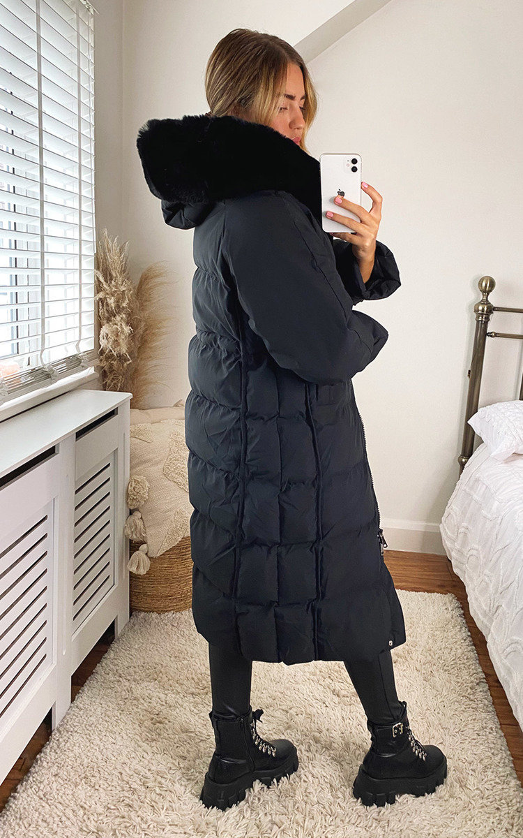 Perrie Longline Padded Puffer Faux Fur Jacket with Hood Thumbnail