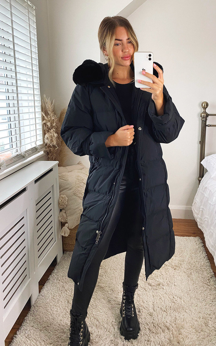 Perrie Longline Padded Puffer Faux Fur Jacket with Hood Thumbnail Perrie Longline Padded Puffer Faux Fur Jacket with Hood Thumbnail