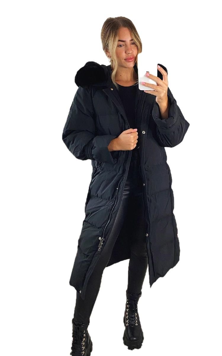 Perrie Longline Padded Puffer Faux Fur Jacket with Hood Thumbnail Perrie Longline Padded Puffer Faux Fur Jacket with Hood Thumbnail