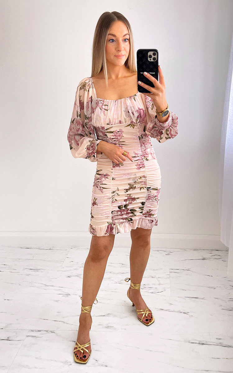 Petra Ruched Dress with Floral Print Thumbnail Petra Ruched Dress with Floral Print Thumbnail