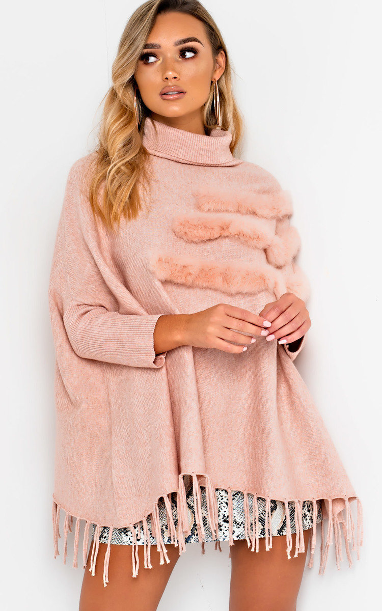 Phoebe Faux Fur Detailed Poncho in Pink ikrush