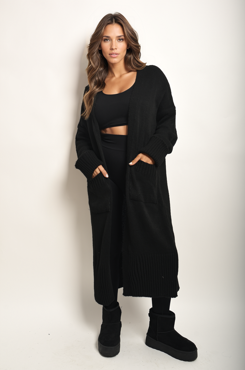 Black Phoebe Open Front Longline Knitted Cardigan with Pocket ikrush