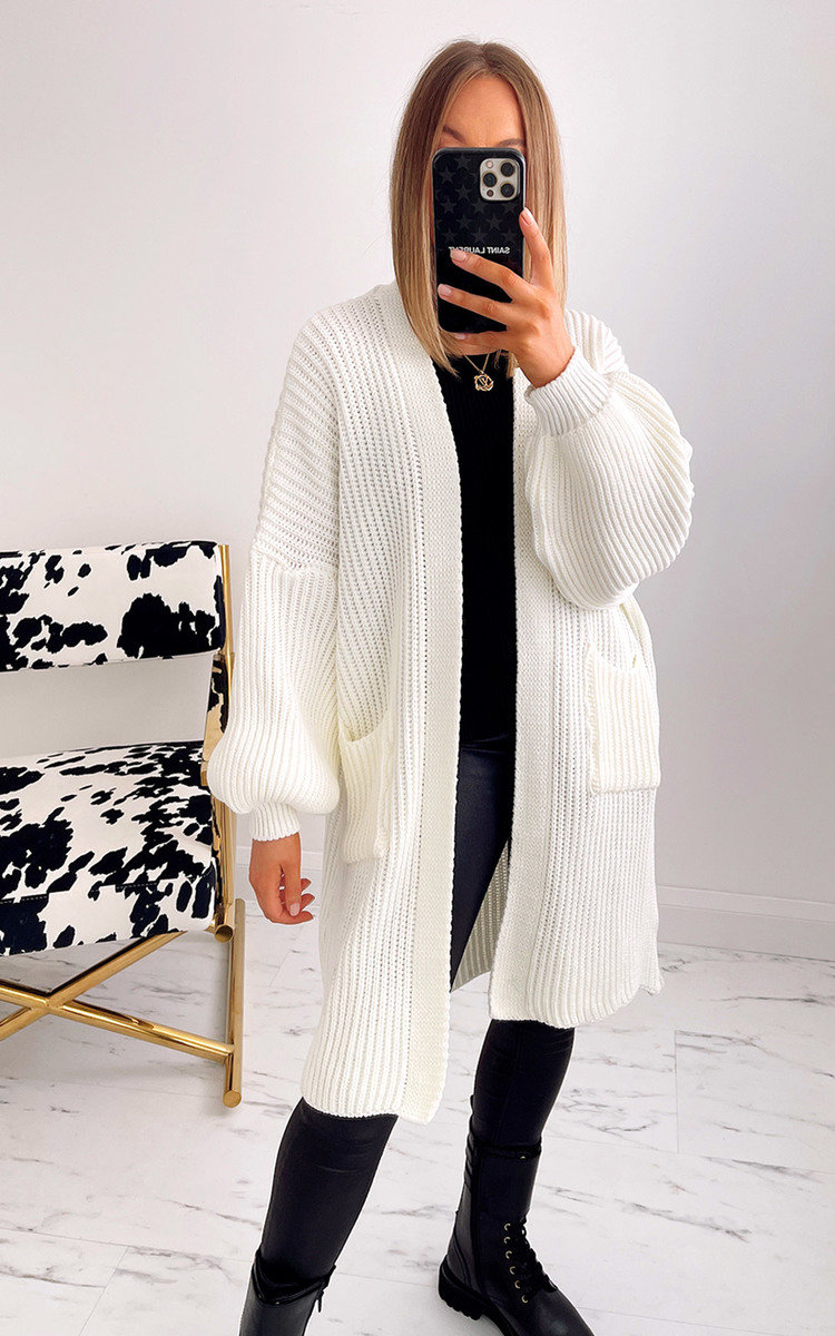 Rebecca Longline Knitted Cardigan with Balloon Sleeves Thumbnail Rebecca Longline Knitted Cardigan with Balloon Sleeves Thumbnail