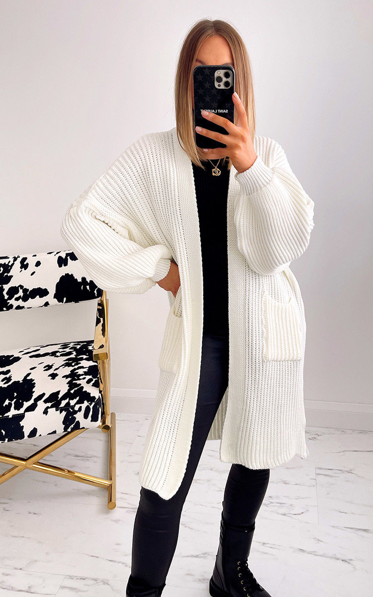Rebecca Longline Knitted Cardigan with Balloon Sleeves Thumbnail Rebecca Longline Knitted Cardigan with Balloon Sleeves Thumbnail