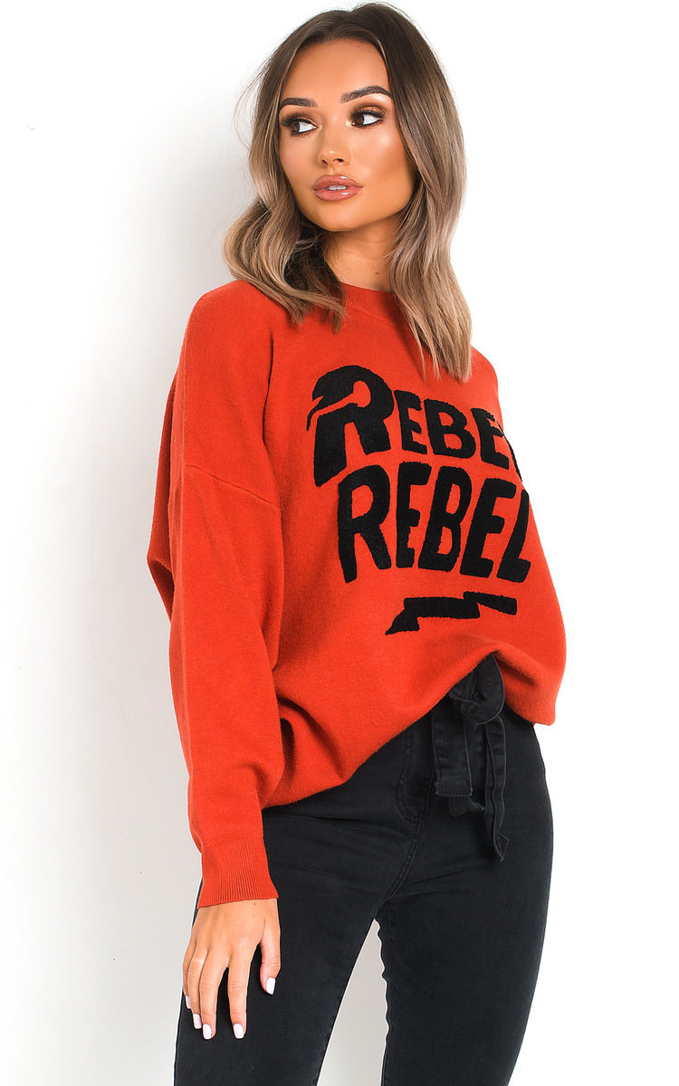 Rebel Slogan Knitted Jumper in Rust ikrush