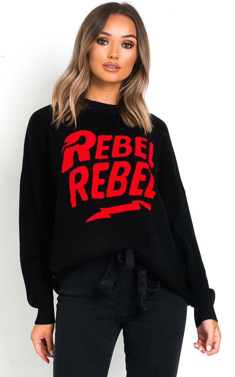 Rebel Slogan Knitted Jumper in Black ikrush