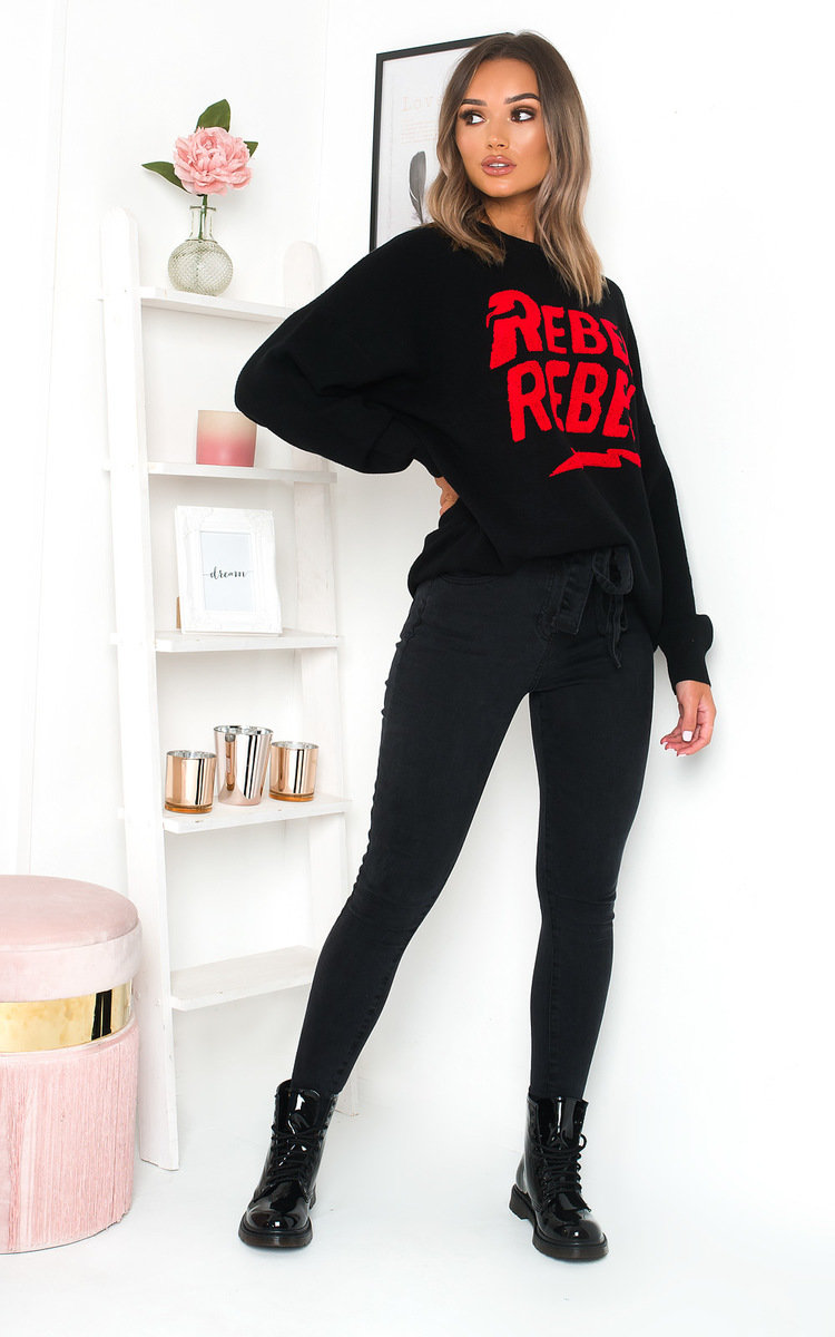Rebel Slogan Knitted Jumper in Black ikrush