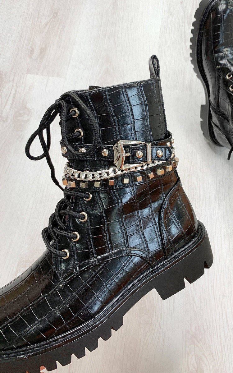 Ricki Croc Print Lace Up Biker Boots Thumbnail