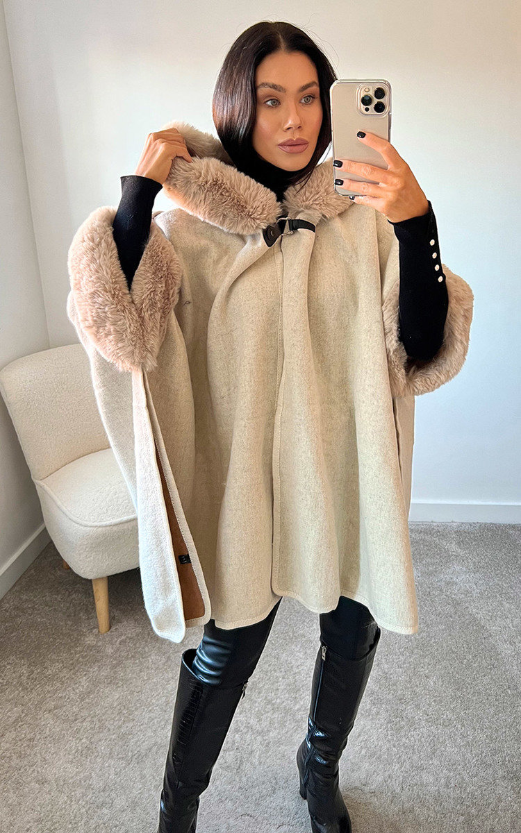 Riley Faux Fur Cape Coat With Fastening Detail 