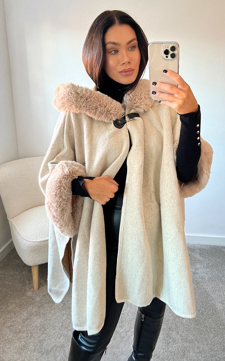 Riley Faux Fur Cape Coat With Fastening Detail Thumbnail Riley Faux Fur Cape Coat With Fastening Detail Thumbnail