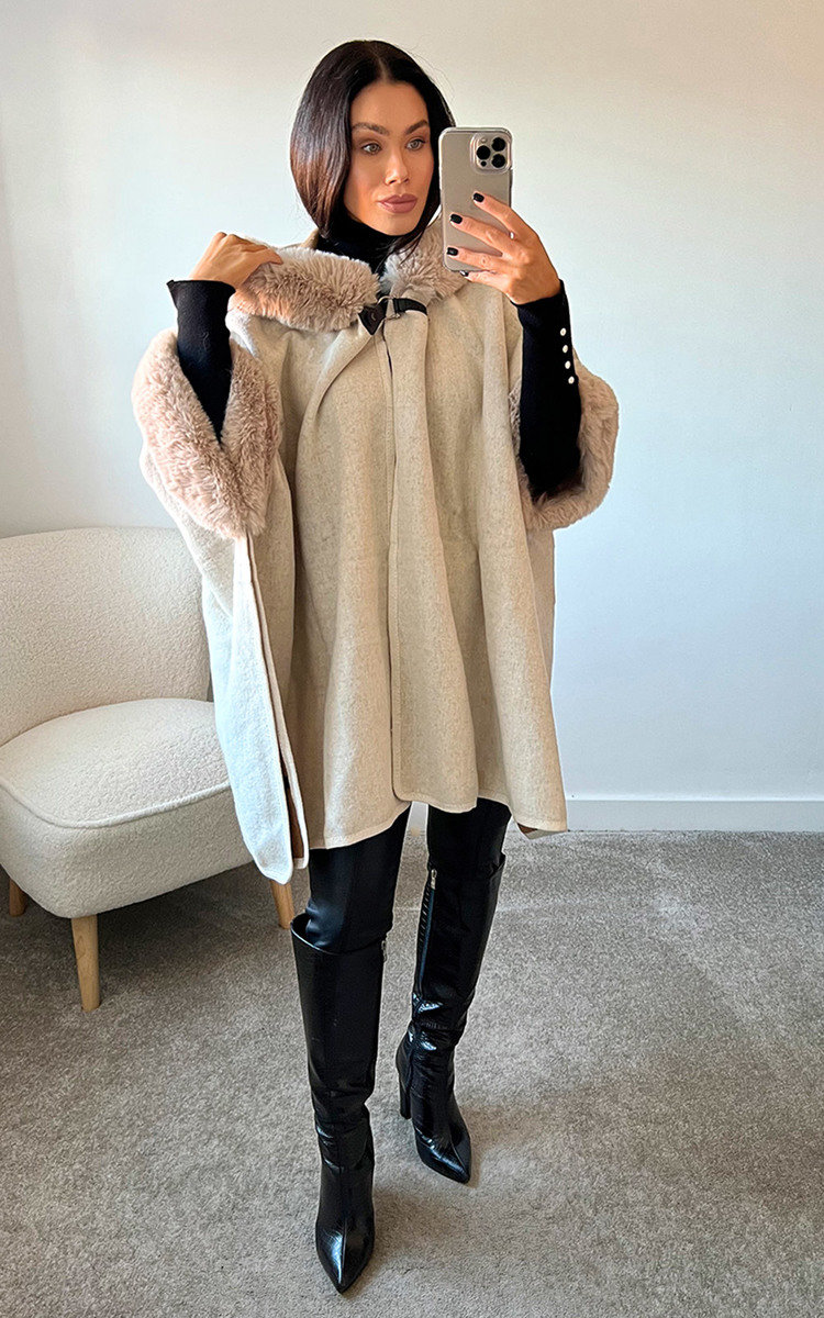 Riley Faux Fur Cape Coat With Fastening Detail Thumbnail Riley Faux Fur Cape Coat With Fastening Detail Thumbnail